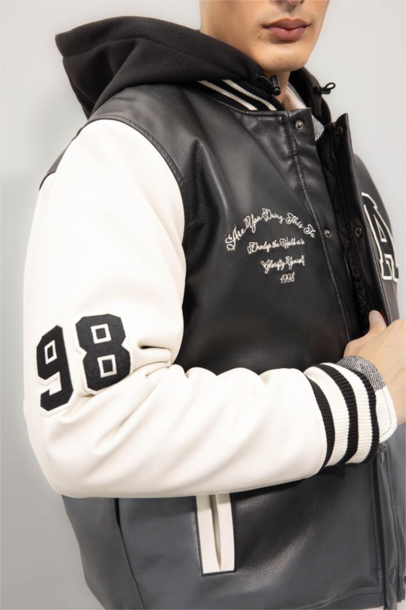 MAN Black Boy Oversize Fit Removable Hooded Light Thin Faux Leather Bomber Jacket