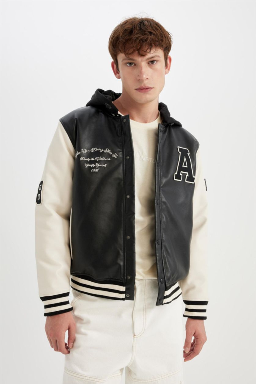 MAN Black Boy Oversize Fit Removable Hooded Light Thin Faux Leather Bomber Jacket