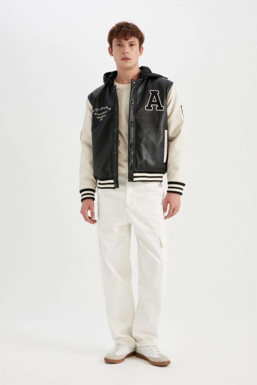 MAN Black Boy Oversize Fit Removable Hooded Light Thin Faux Leather Bomber Jacket