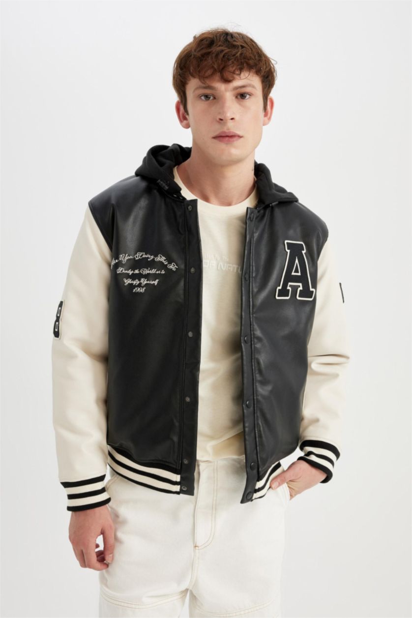 MAN Black Boy Oversize Fit Removable Hooded Light Thin Faux Leather Bomber Jacket