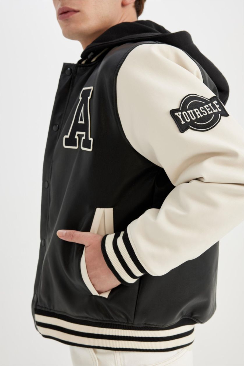 MAN Black Boy Oversize Fit Removable Hooded Light Thin Faux Leather Bomber Jacket