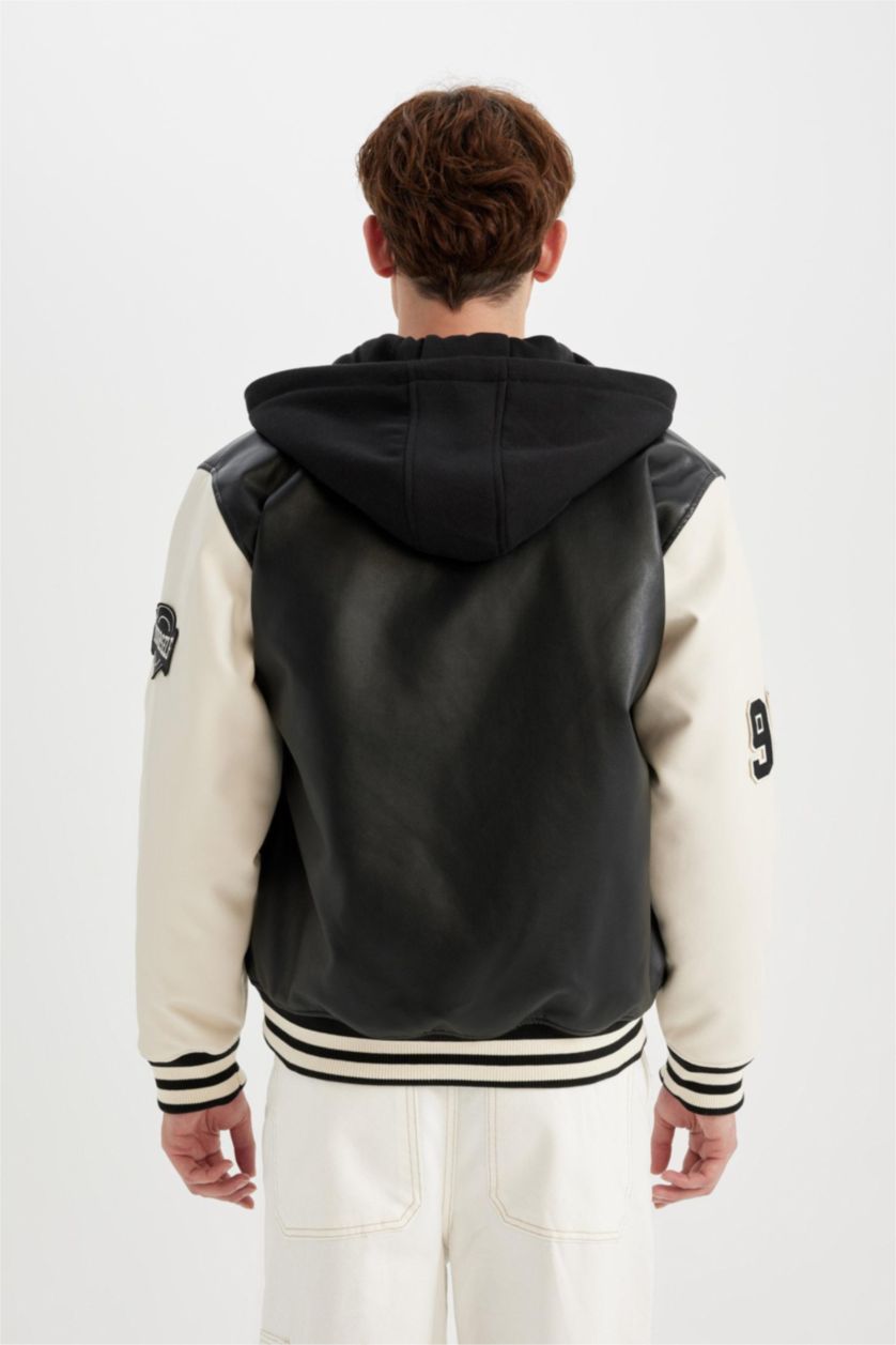 MAN Black Boy Oversize Fit Removable Hooded Light Thin Faux Leather Bomber Jacket