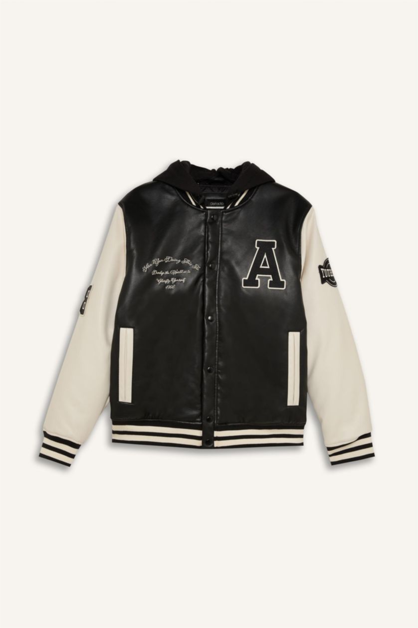 MAN Black Boy Oversize Fit Removable Hooded Light Thin Faux Leather Bomber Jacket