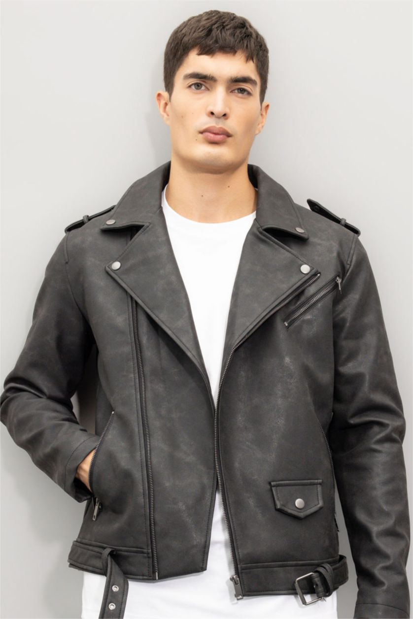 Erkek Siyah Su İtici Regular Fit Fermuarlı Cepli Suni Deri Ceket Mont