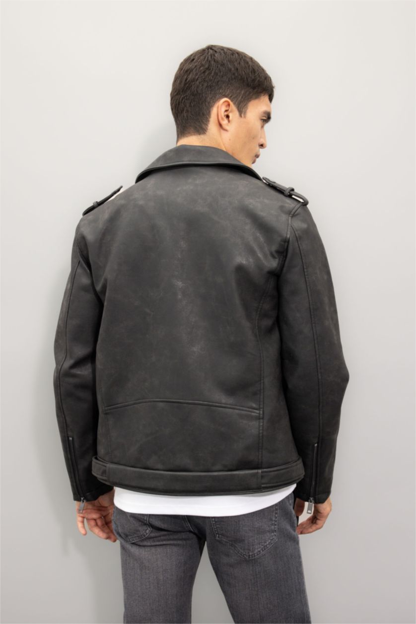 Erkek Siyah Su İtici Regular Fit Fermuarlı Cepli Suni Deri Ceket Mont