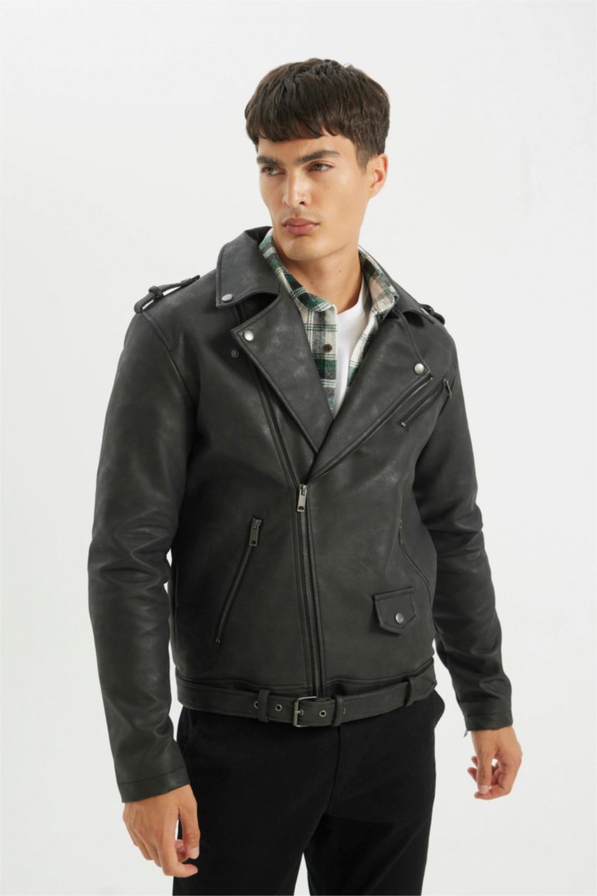 Erkek Siyah Su İtici Regular Fit Fermuarlı Cepli Suni Deri Ceket Mont