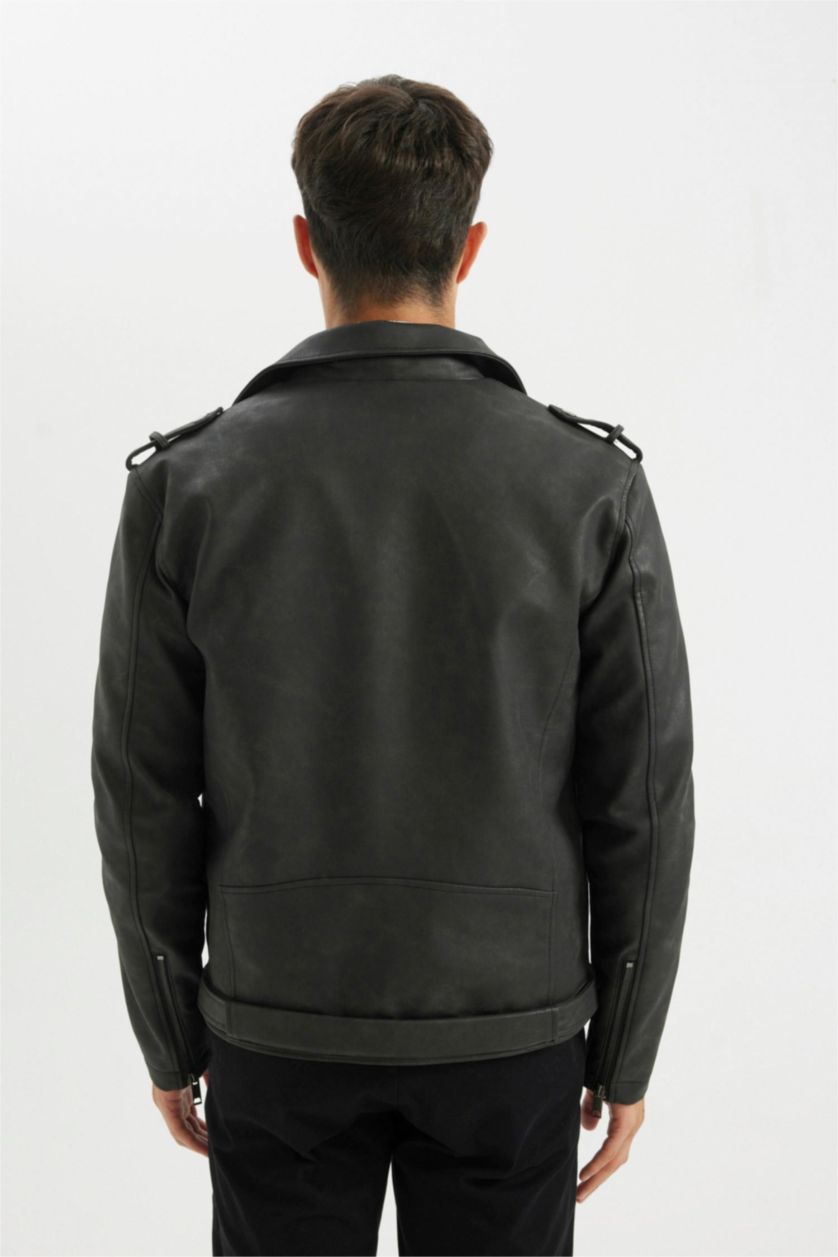 Erkek Siyah Su İtici Regular Fit Fermuarlı Cepli Suni Deri Ceket Mont