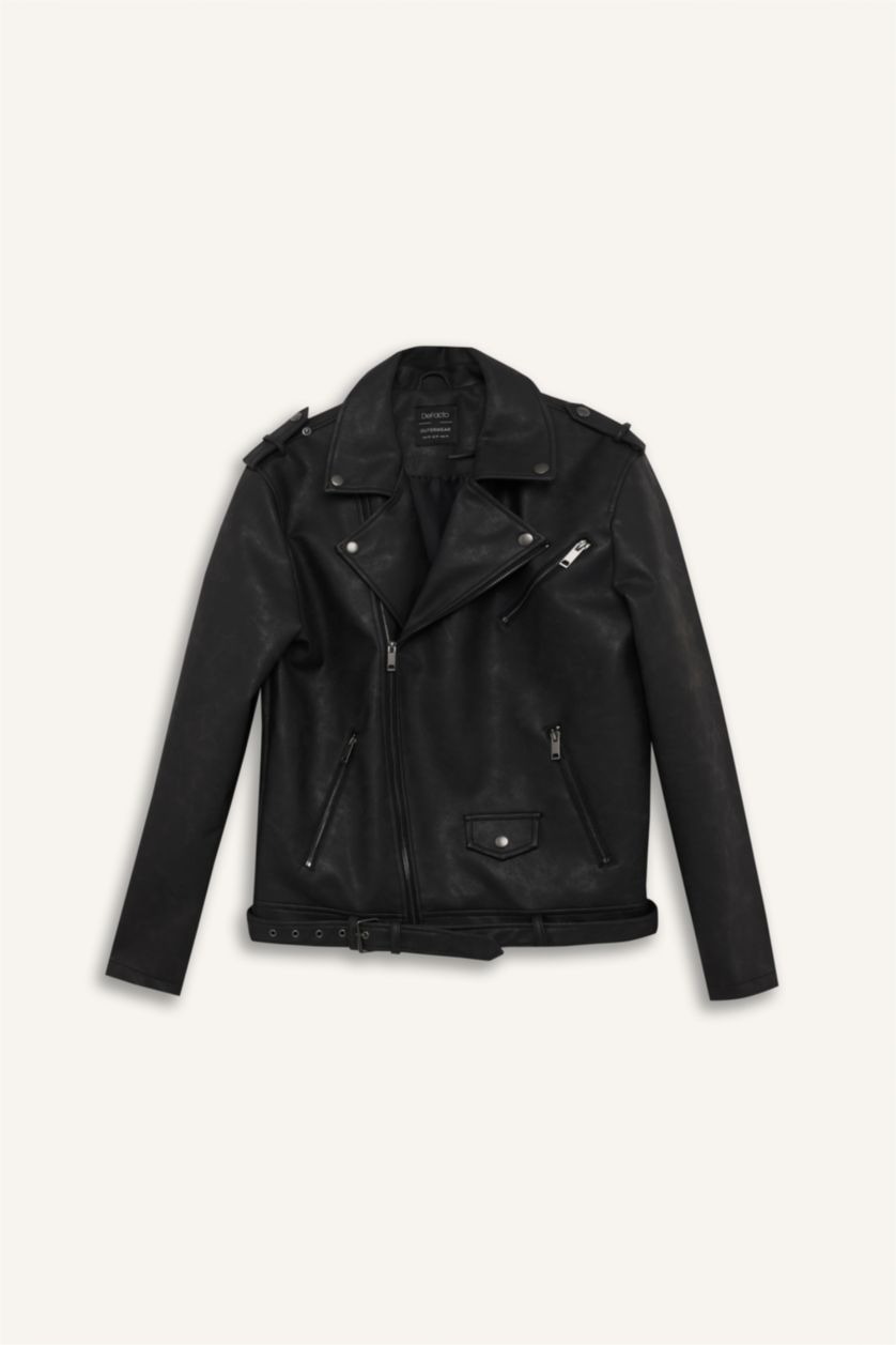 Erkek Siyah Su İtici Regular Fit Fermuarlı Cepli Suni Deri Ceket Mont