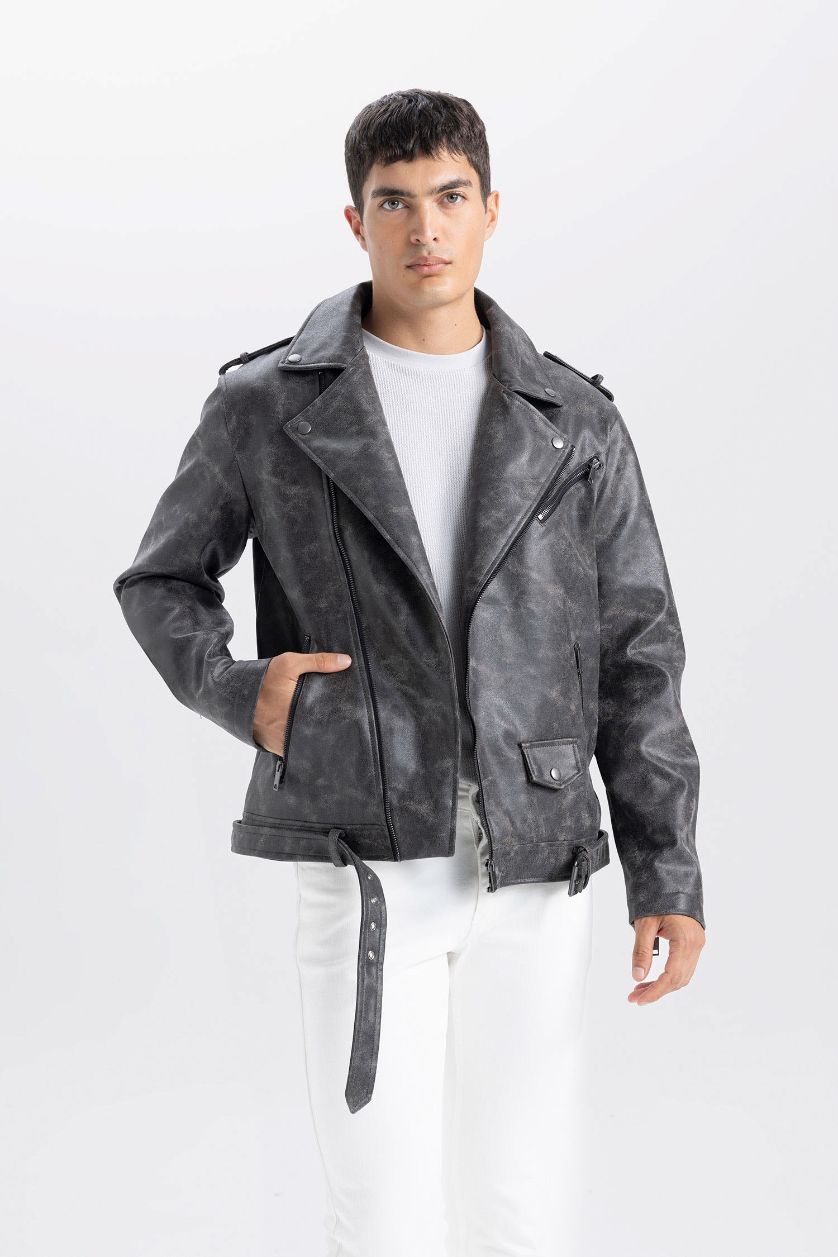 رجال بني جاكيت جلد صناعي قصة عادية بياخة قميص طارد للماء