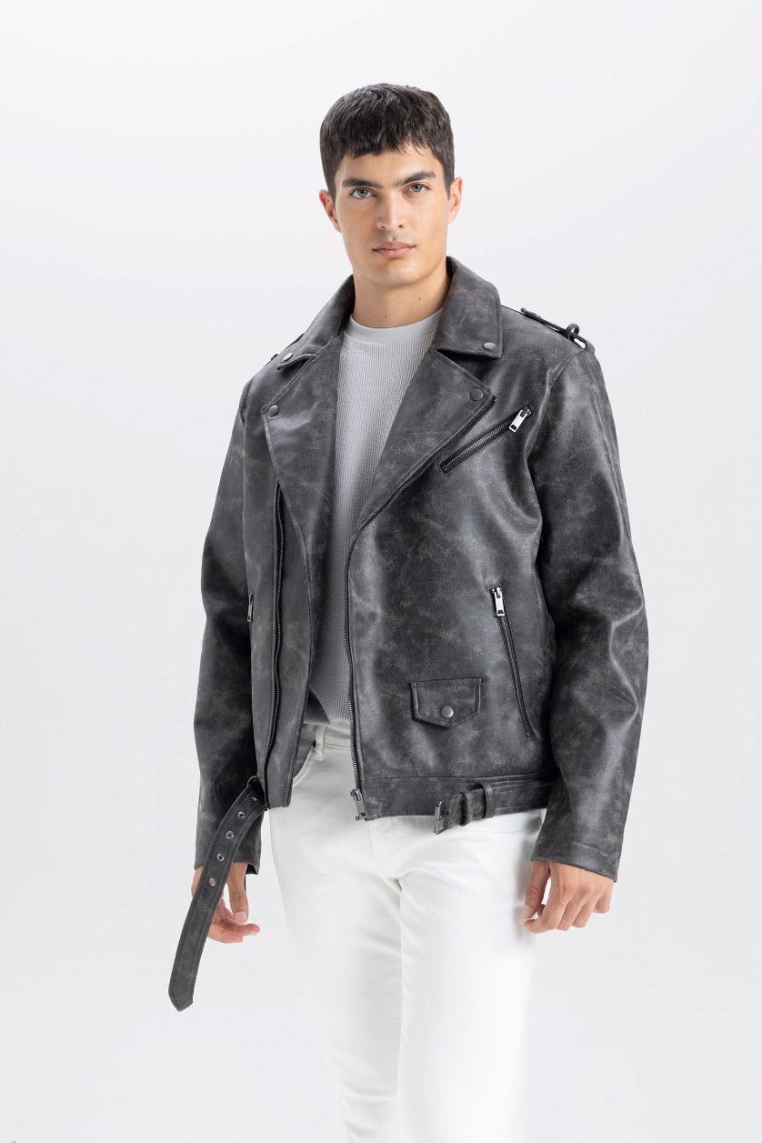 رجال بني جاكيت جلد صناعي قصة عادية بياخة قميص طارد للماء