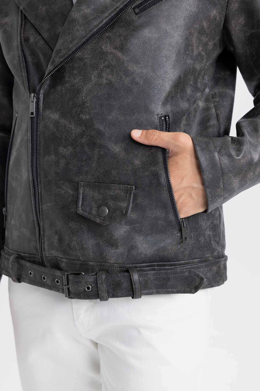 رجال بني جاكيت جلد صناعي قصة عادية بياخة قميص طارد للماء