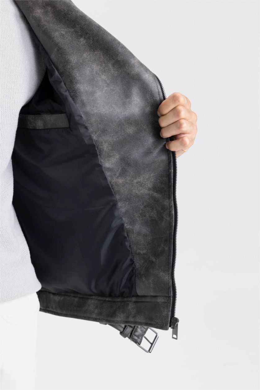 رجال بني جاكيت جلد صناعي قصة عادية بياخة قميص طارد للماء