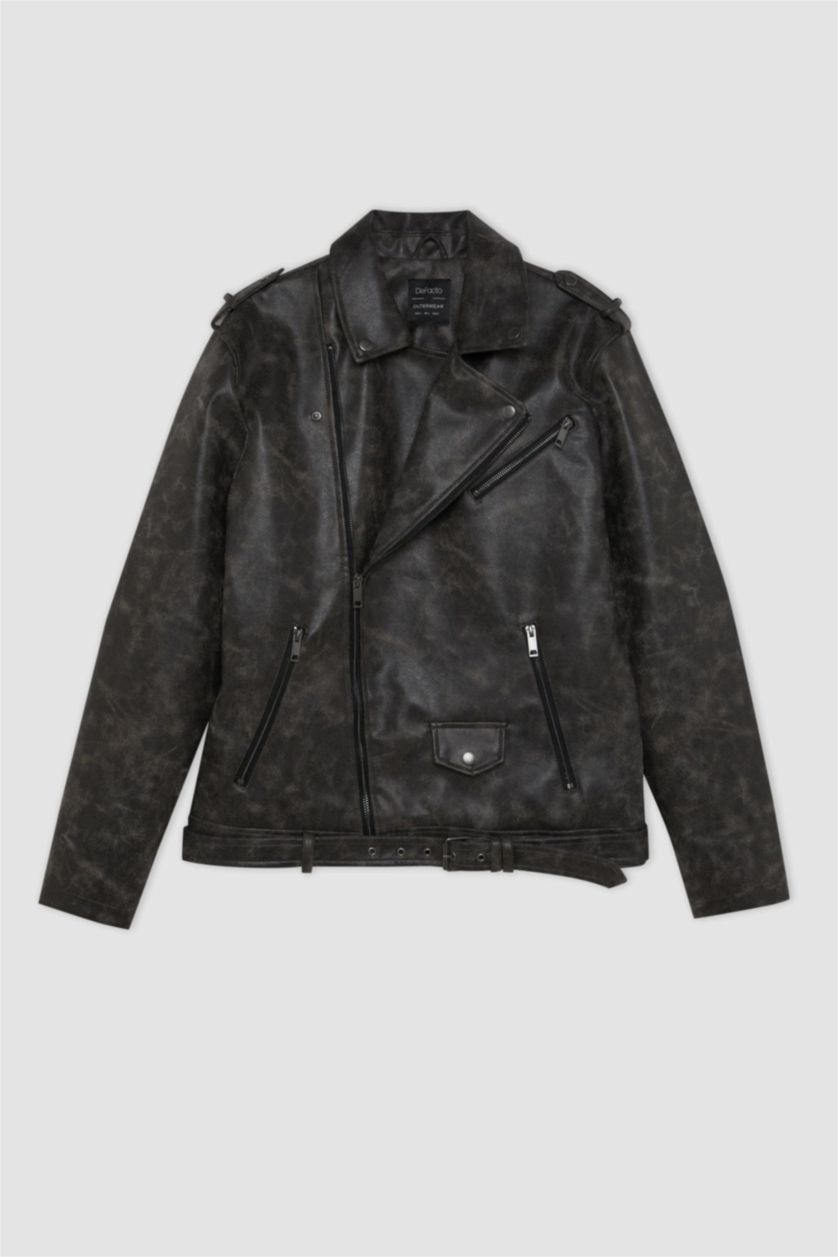 رجال بني جاكيت جلد صناعي قصة عادية بياخة قميص طارد للماء