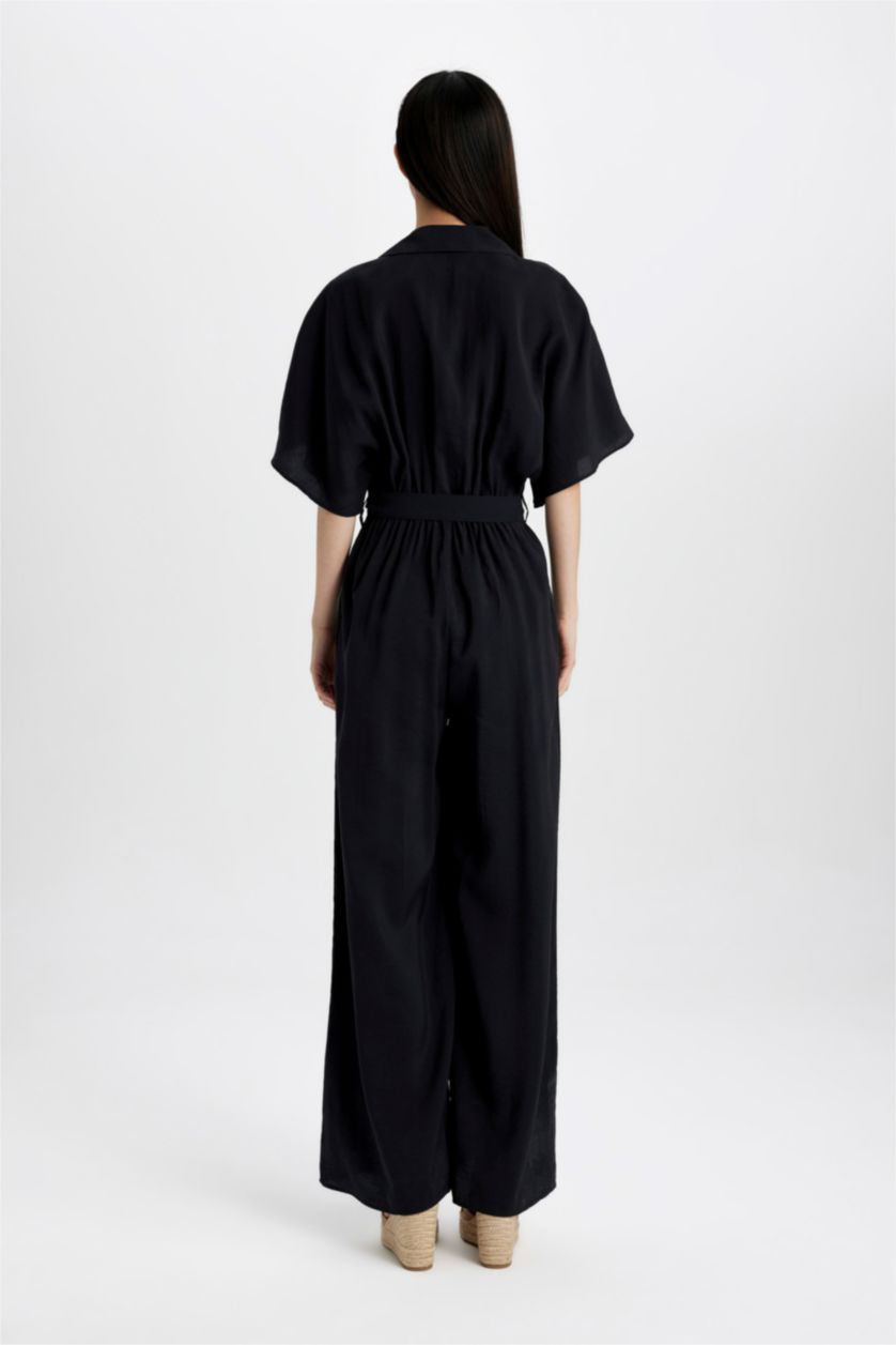 Kadın Lacivert Gömlek Yaka Modal Kısa Kollu Tulum