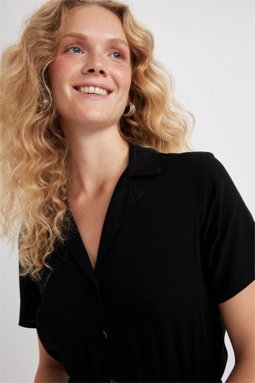 Kadın Siyah Ceket Yaka Kısa Kollu Mini Tulum