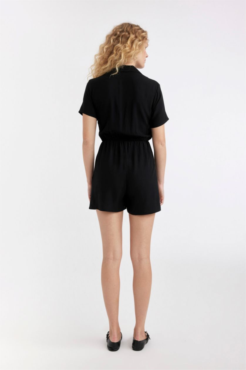 Kadın Siyah Ceket Yaka Kısa Kollu Mini Tulum