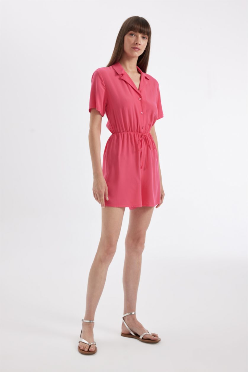 Kadın Açık Fuşya Ceket Yaka Kısa Kollu Mini Tulum