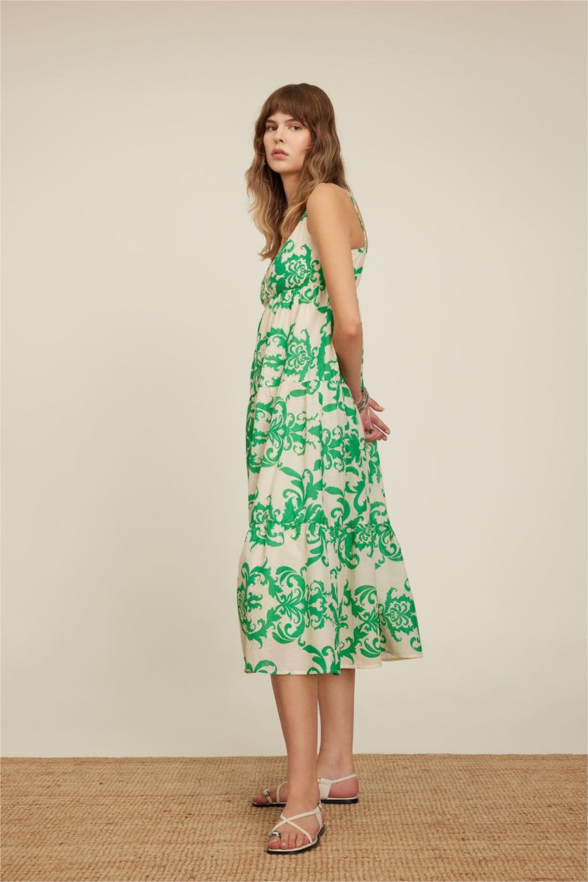 Kadın Yeşil V Yaka Desenli Vual Askılı Maxi Elbise