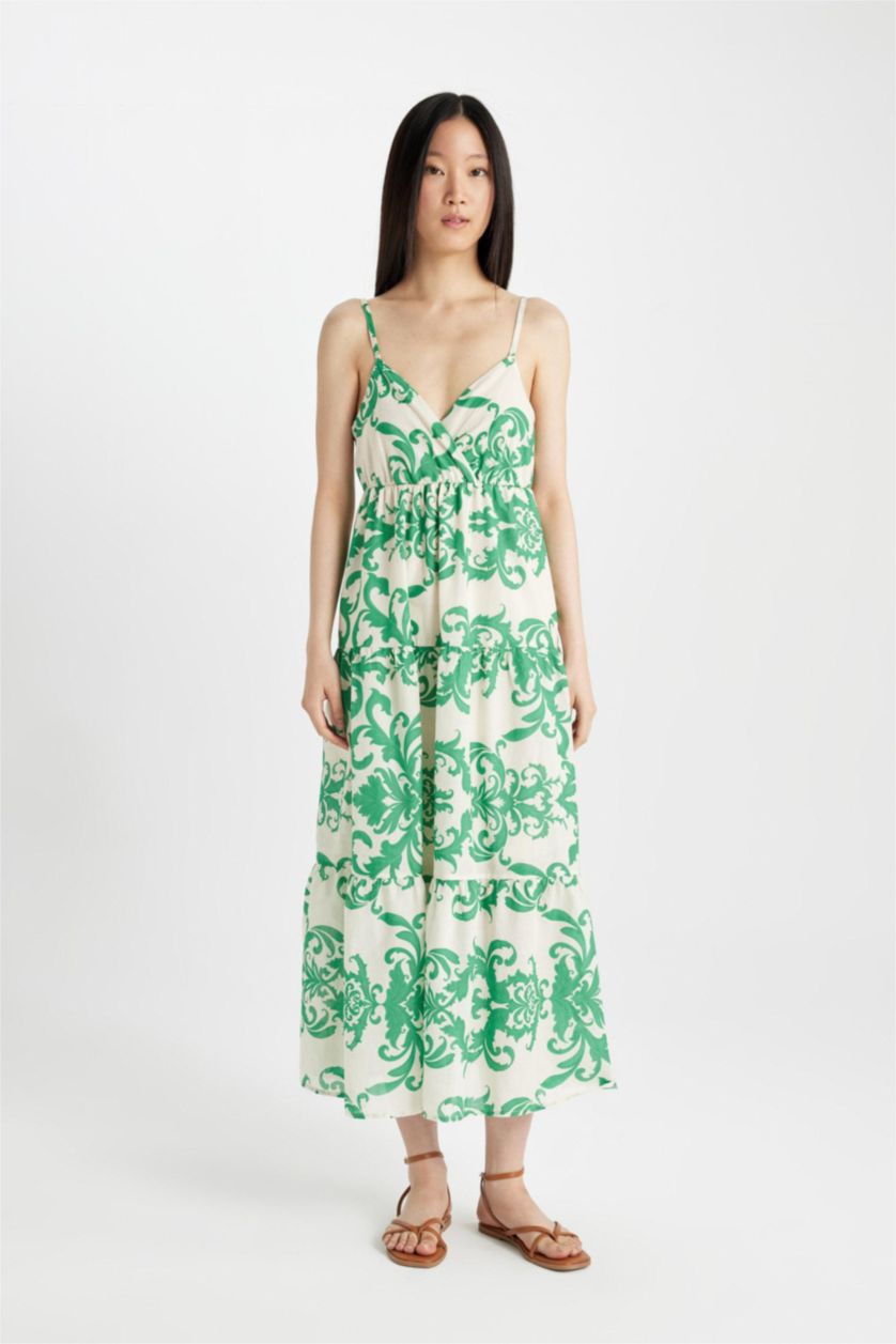 Kadın Yeşil V Yaka Desenli Vual Askılı Maxi Elbise