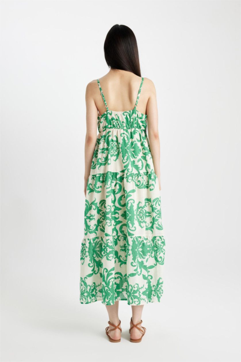 Kadın Yeşil V Yaka Desenli Vual Askılı Maxi Elbise