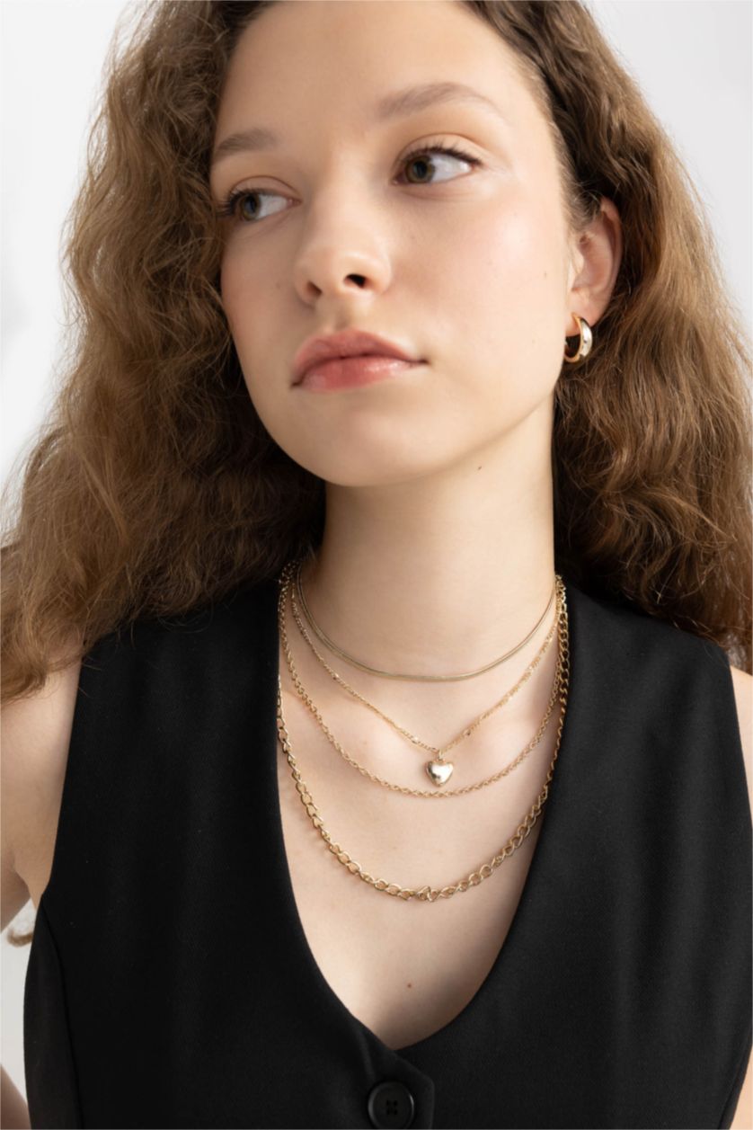 WOMAN Altın Woman 4 Piece Gold Necklace with Heart Detail