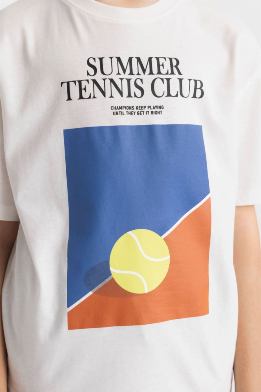 Erkek Çocuk - Genç Erkek Ekru Oversize Geniş Kalıp Bisiklet Yaka Baskılı Kısa Kollu Tişört Erkek Çocuk