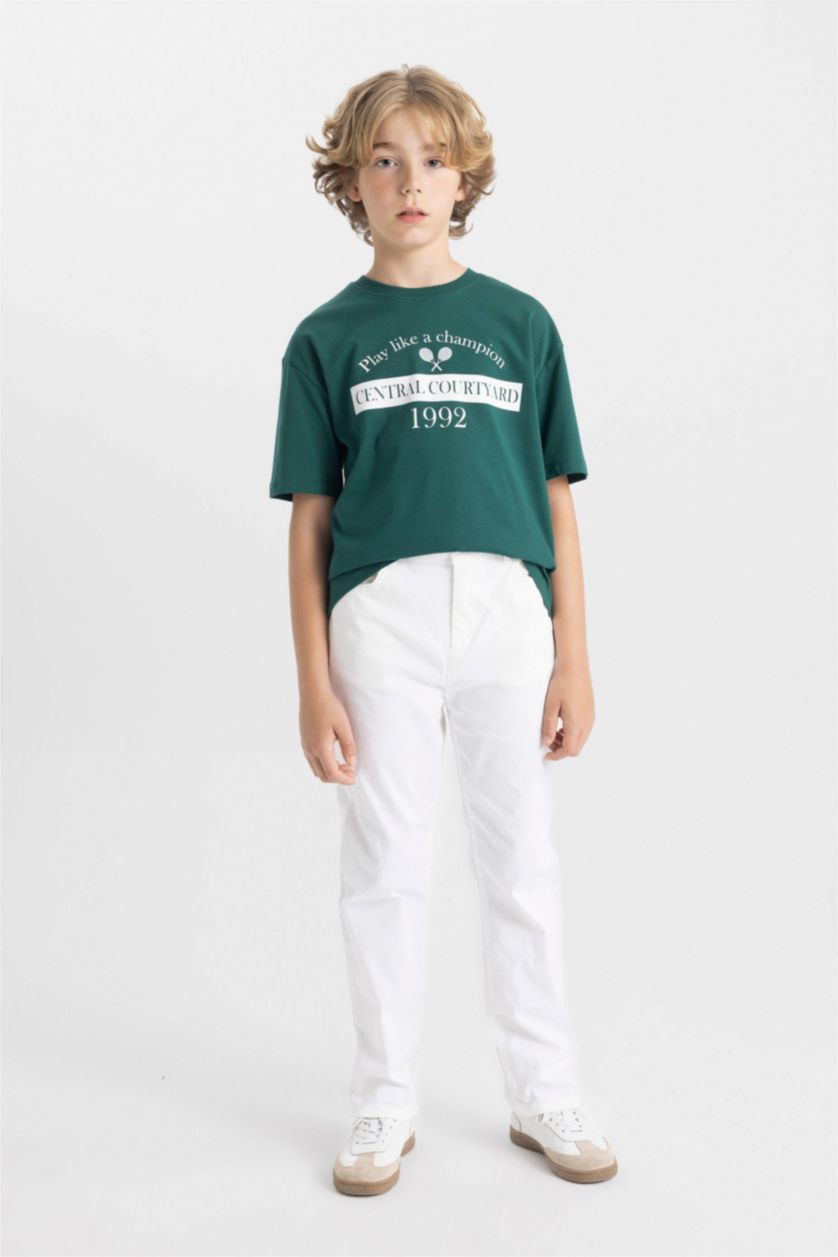 BOYS & TEENS Dark Green Boy Oversize Fit Crew Neck Printed T-Shirt