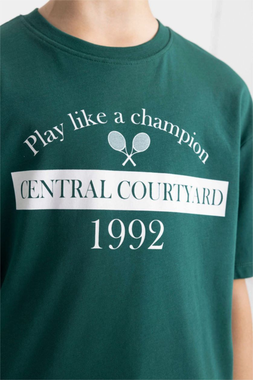 BOYS & TEENS Dark Green Boy Oversize Fit Crew Neck Printed T-Shirt