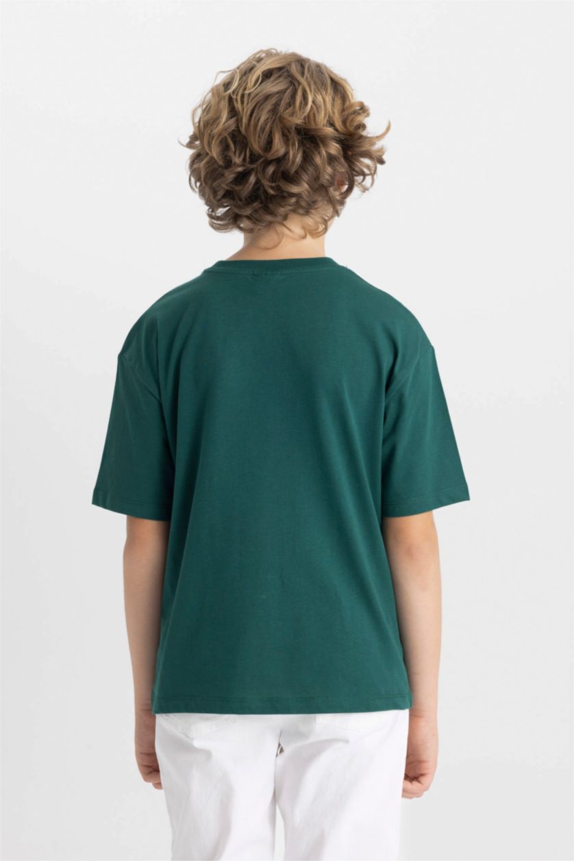 BOYS & TEENS Dark Green Boy Oversize Fit Crew Neck Printed T-Shirt