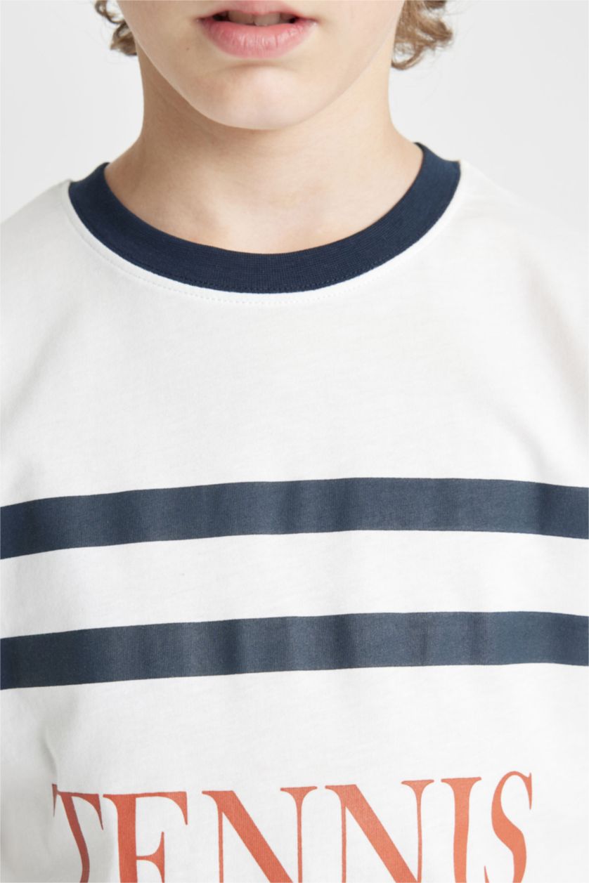 Erkek Çocuk - Genç Erkek Ekru Oversize Geniş Kalıp Bisiklet Yaka Baskılı Kısa Kollu Tişört Erkek Çocuk