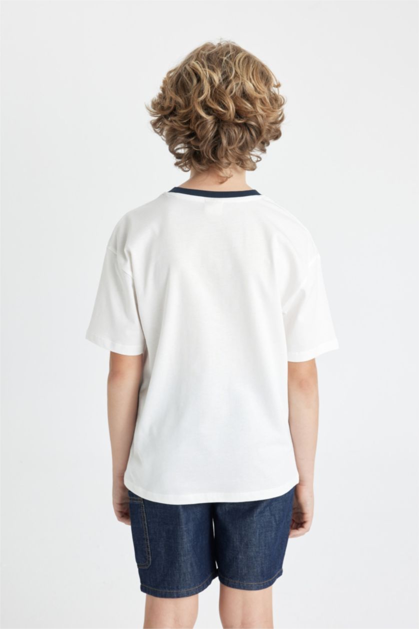 Erkek Çocuk - Genç Erkek Ekru Oversize Geniş Kalıp Bisiklet Yaka Baskılı Kısa Kollu Tişört Erkek Çocuk
