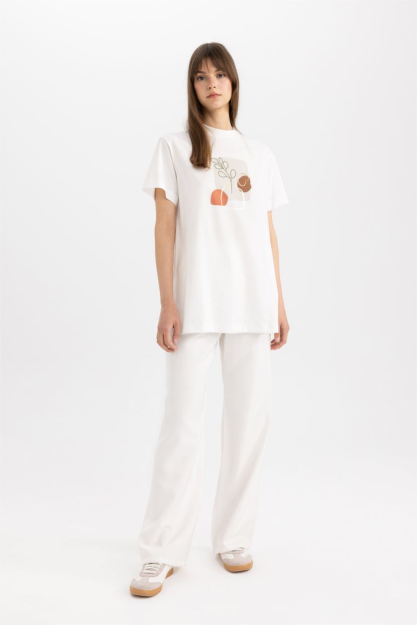 WOMAN Ecru Regular Fit Crew Neck Printed T-Shirt Tunic