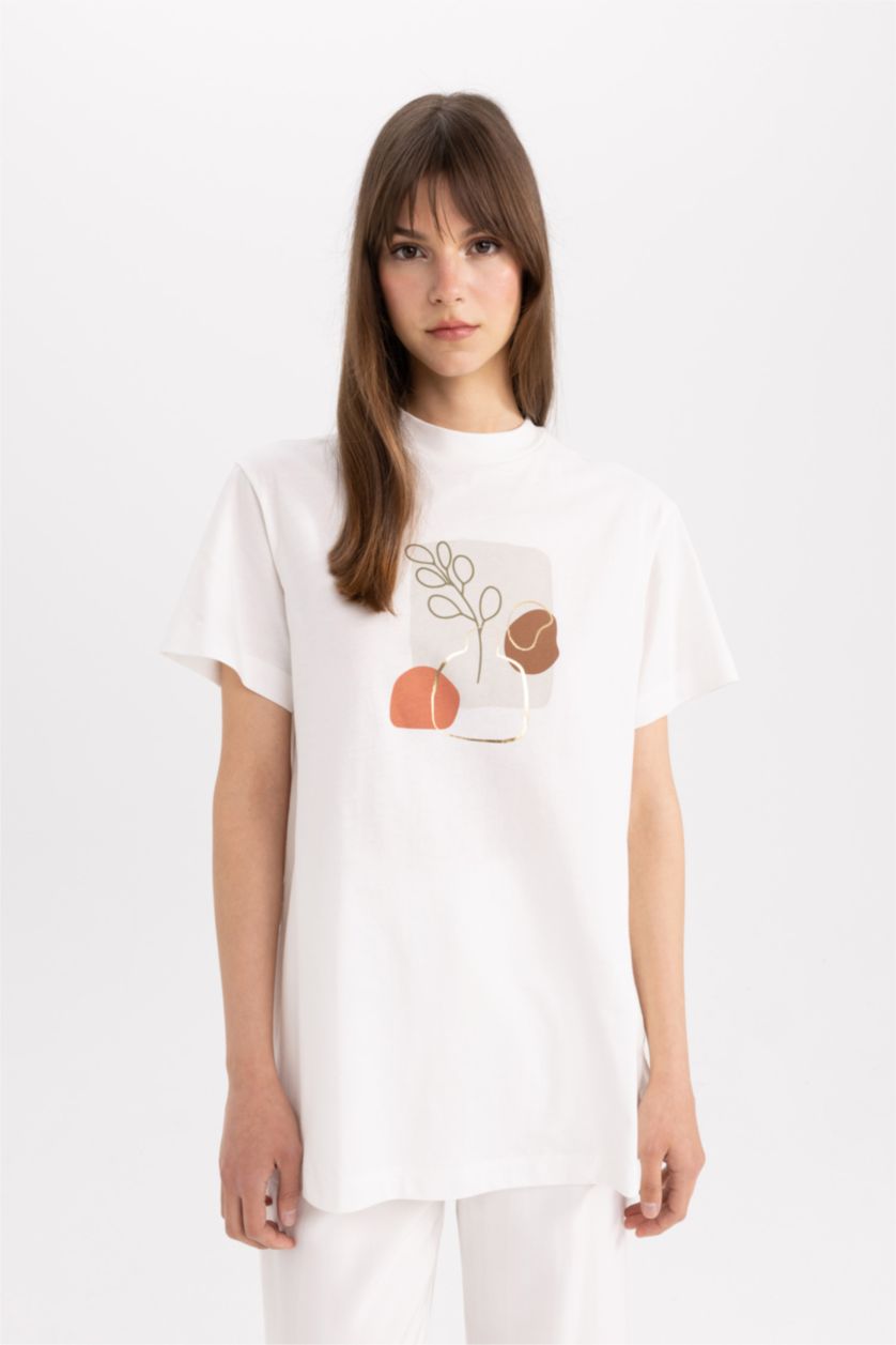 WOMAN Ecru Regular Fit Crew Neck Printed T-Shirt Tunic