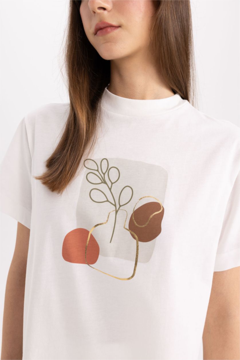 WOMAN Ecru Regular Fit Crew Neck Printed T-Shirt Tunic