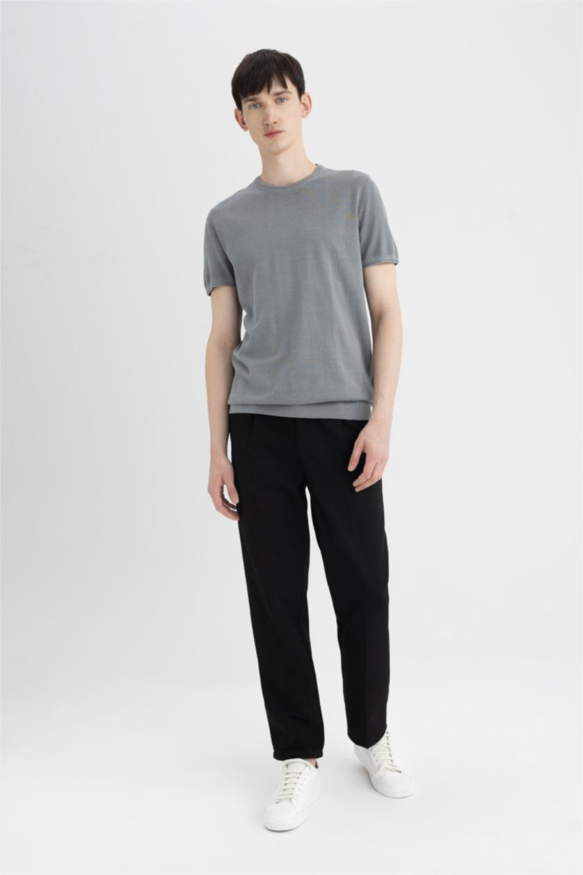 Erkek Açık Gri Standart Fit Yıkamalı Soluk Efektli Bisiklet Yaka Kısa Kollu Triko Tişört
