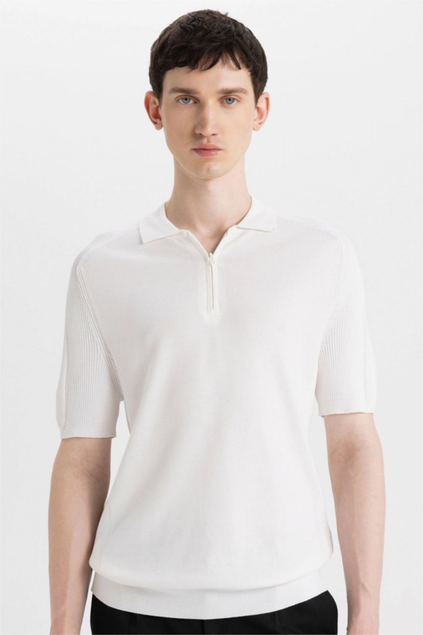 Erkek Ekru Slim Fit Dar Kesim Polo Yaka Kısa Kollu Basic Düz Fermuarlı Triko Tişört