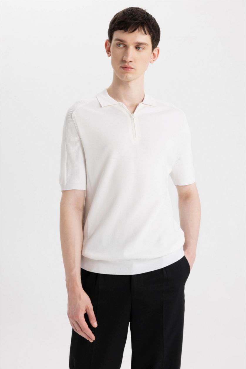 Erkek Ekru Slim Fit Dar Kesim Polo Yaka Kısa Kollu Basic Düz Fermuarlı Triko Tişört