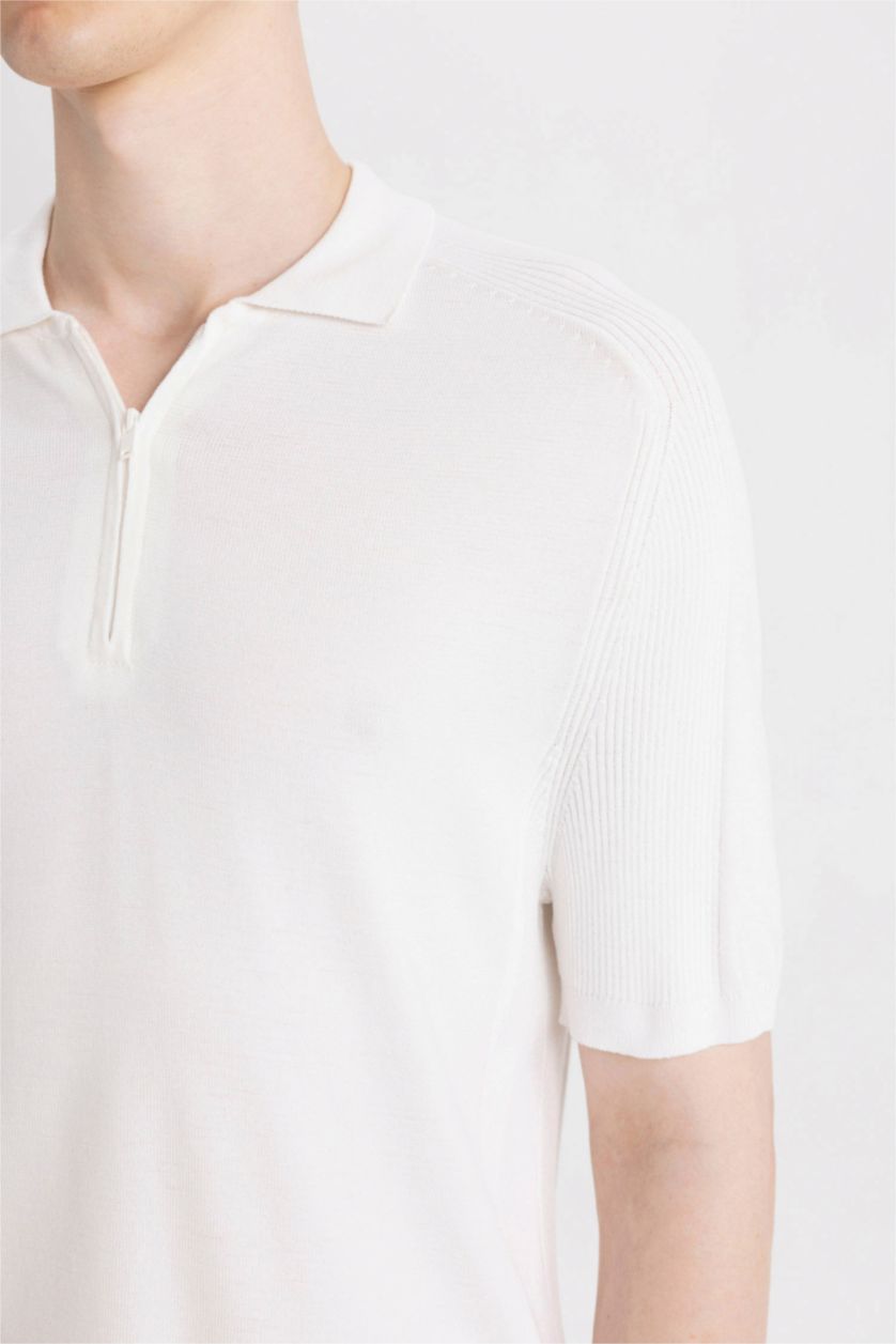 Erkek Ekru Slim Fit Dar Kesim Polo Yaka Kısa Kollu Basic Düz Fermuarlı Triko Tişört