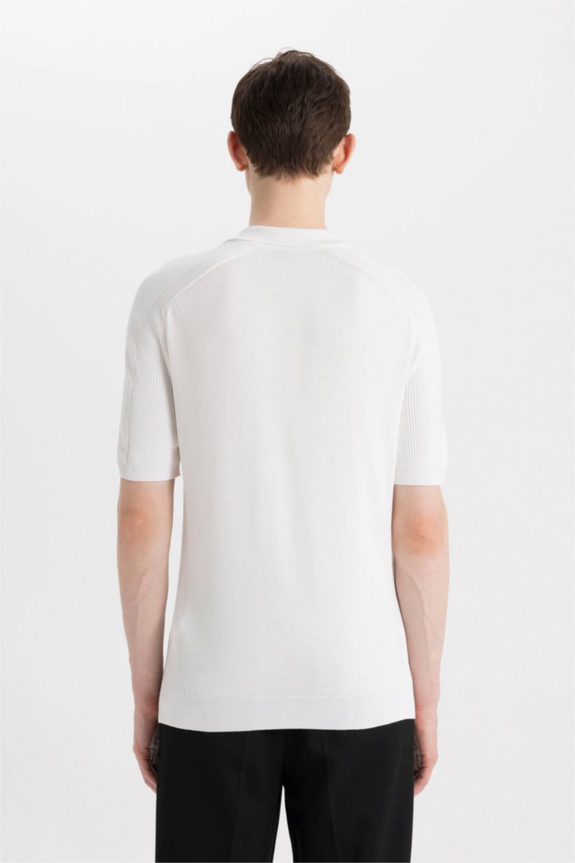 Erkek Ekru Slim Fit Dar Kesim Polo Yaka Kısa Kollu Basic Düz Fermuarlı Triko Tişört