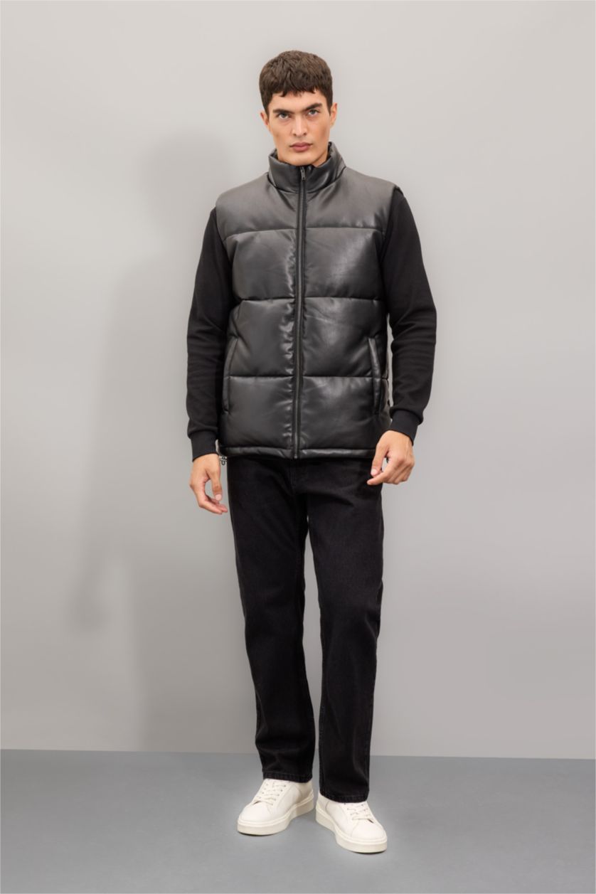 Erkek Siyah Su Geçirmez Şişme Suni Deri Yelek Dik Yaka Fermuarlı