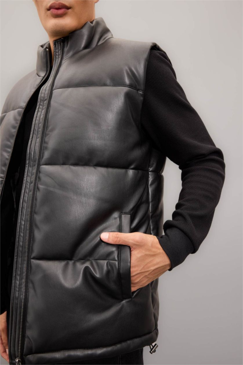 Erkek Siyah Su Geçirmez Şişme Suni Deri Yelek Dik Yaka Fermuarlı