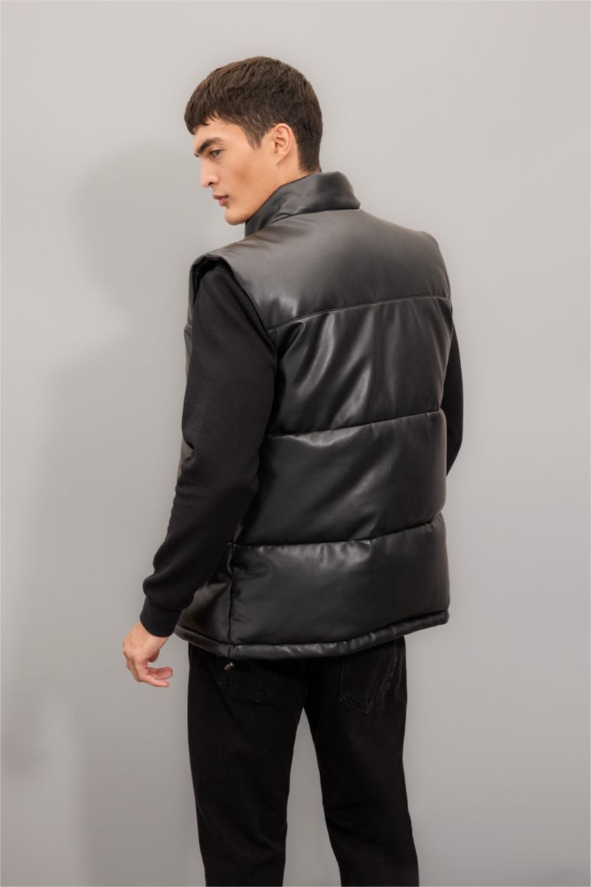 Erkek Siyah Su Geçirmez Şişme Suni Deri Yelek Dik Yaka Fermuarlı