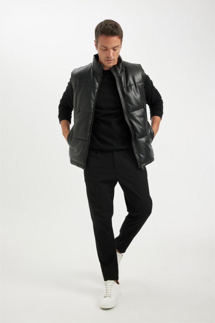 Erkek Siyah Su Geçirmez Şişme Suni Deri Yelek Dik Yaka Fermuarlı