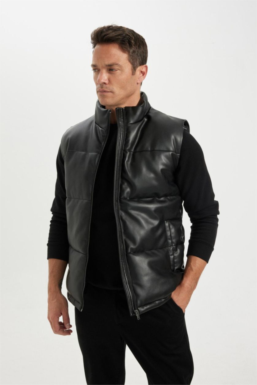 Erkek Siyah Su Geçirmez Şişme Suni Deri Yelek Dik Yaka Fermuarlı