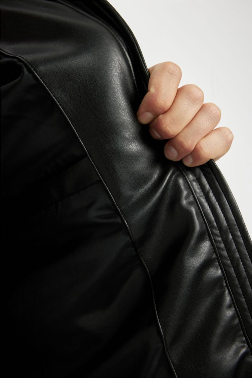 Erkek Siyah Su Geçirmez Şişme Suni Deri Yelek Dik Yaka Fermuarlı