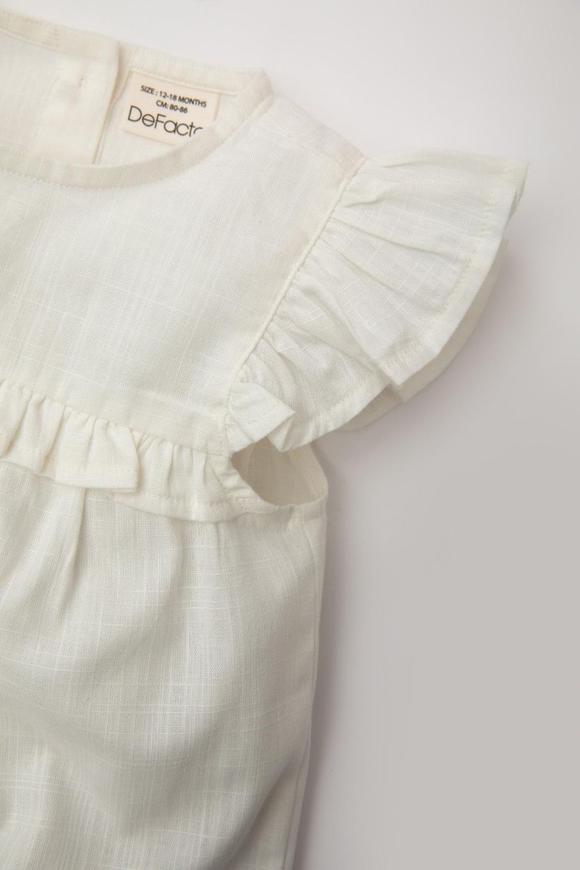 Kız Bebek Pembe Kız Bebek 2'li Takım Flamlı Poplin Bluz Üst Çiçekli Şort Alt