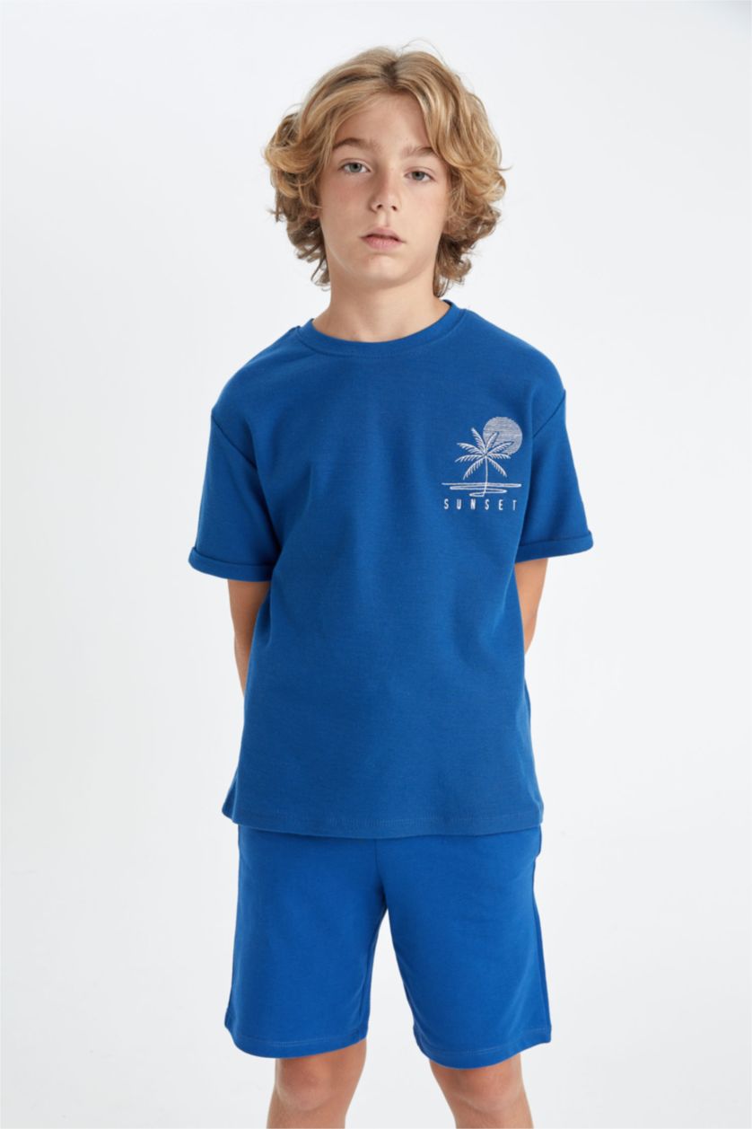 Erkek Çocuk - Genç Erkek Koyu Mavi Bisiklet Yaka Nakışlı Waffle Kısa Kollu Tişört Erkek Çocuk