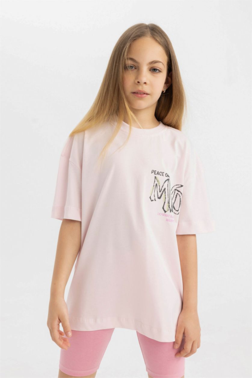 بنات زهري فاتح تيشيرت بناتي نص ردن اوفر سايز