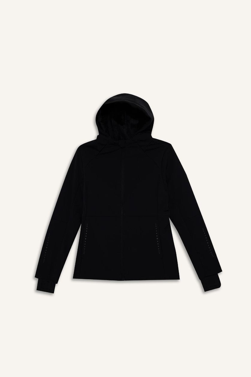 Kadın Siyah Su İtici Softshell Slim Fit Dar Kesim Kapüşonlu Fermuarlı Cepli Mevsimlik Yağmurluk