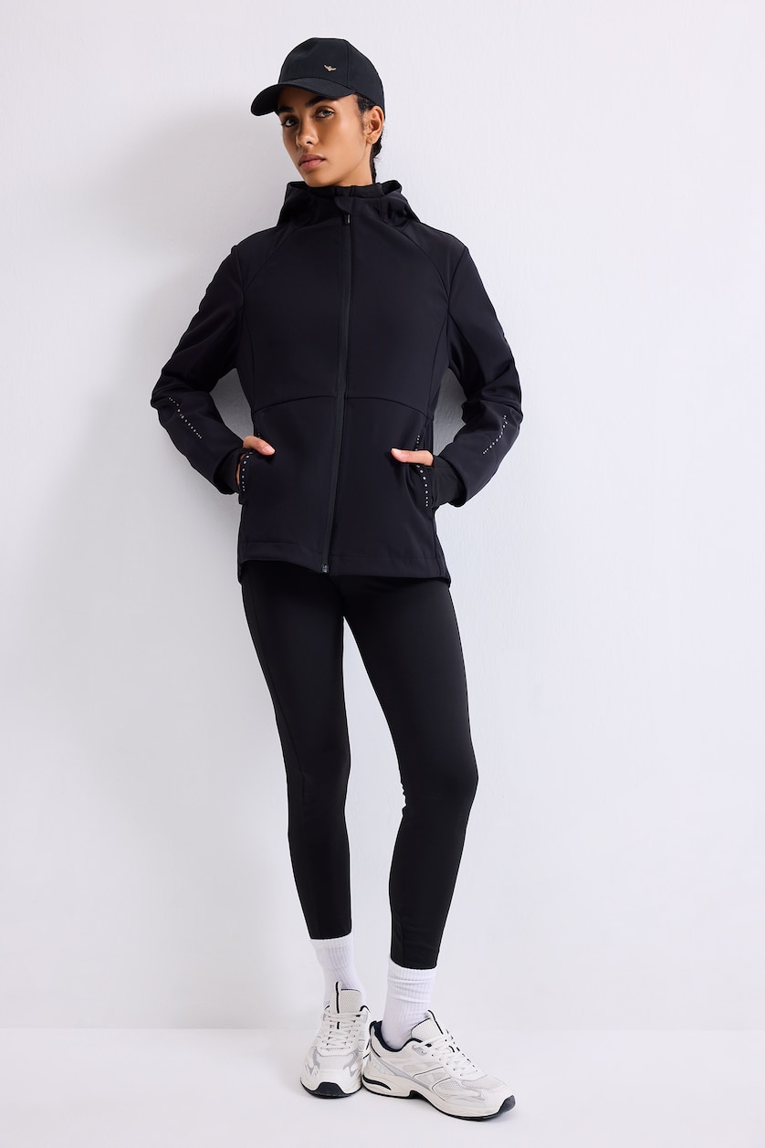 Woman Black Slim Fit Hooded Zip-Up Softshell Jacket
